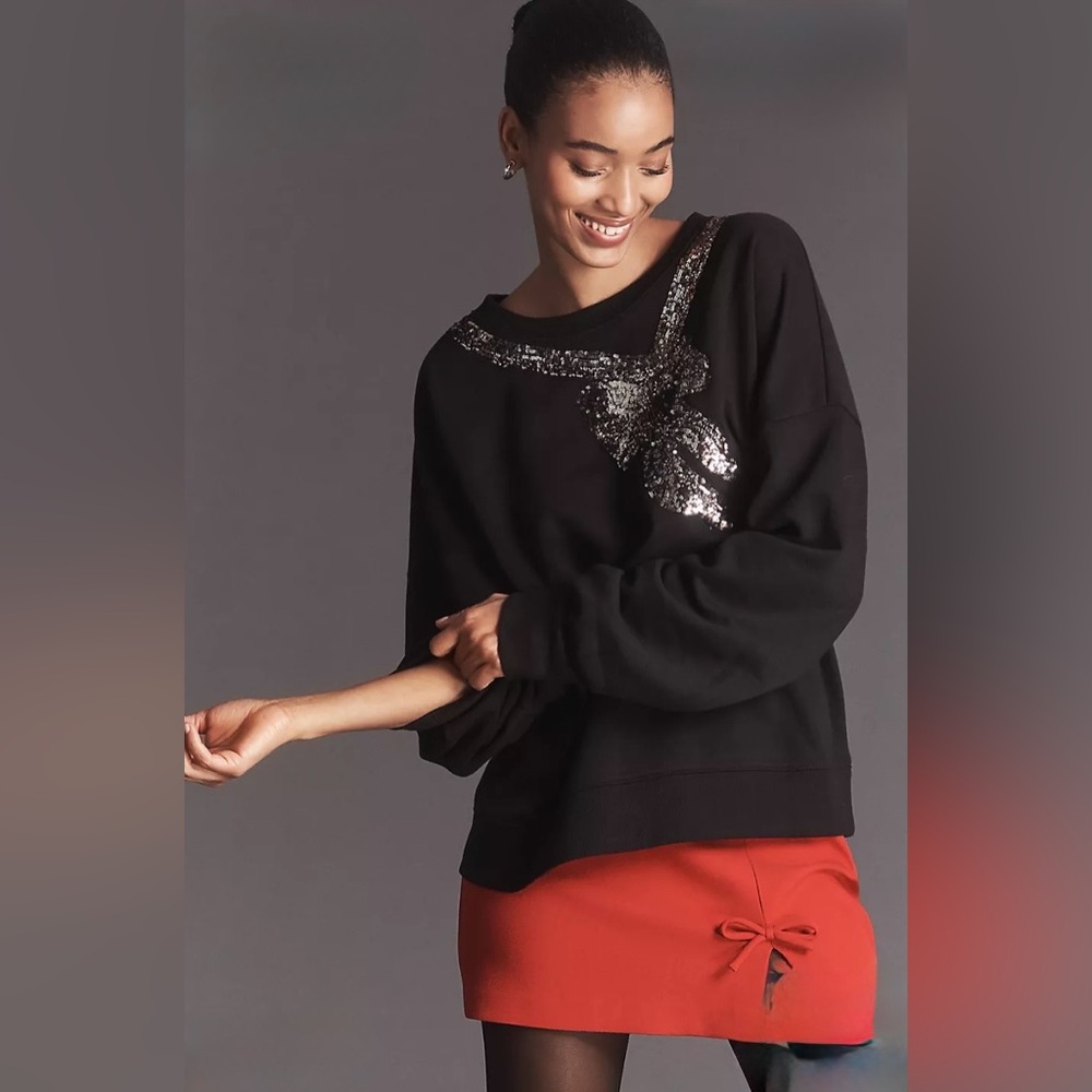Anthropologie Maeve Black Bow Sweatshirt & Embellishments | NWT | L | Stunning